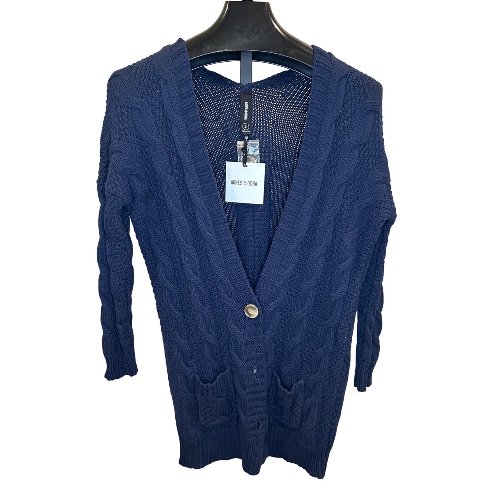 NWT AGNES & DORA Navy Blue Cable Knit Long Cardigan‎ Sweater Size S